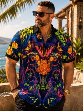 Barabas Men’s 5XL Big & Tall Butterfly Medusa Baroque Greek Key Stretch Shirt